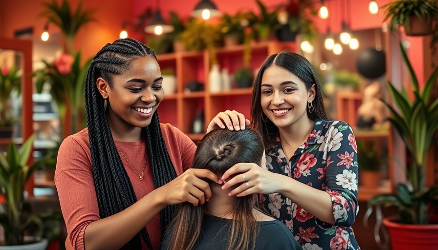 Smiling women braiding hair in cozy Olongapo salon, vibrant atmosphere.