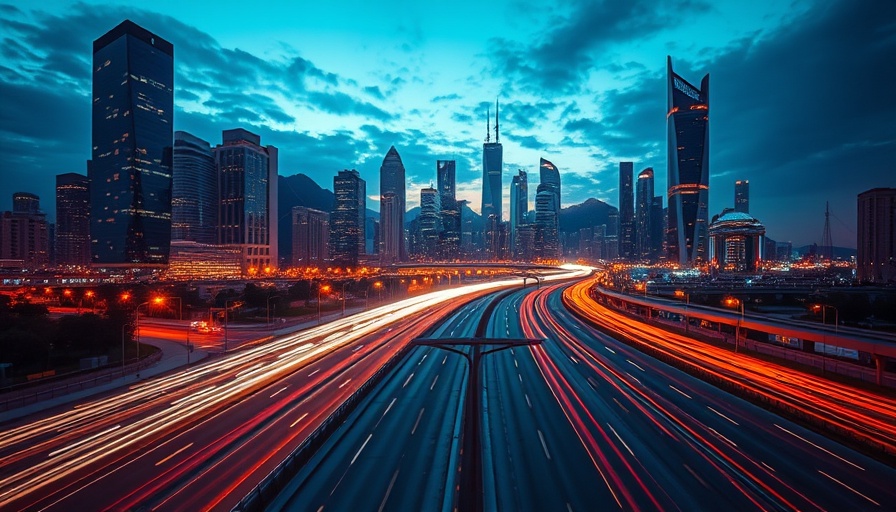 Futuristic cityscape with illuminated highway, edge computing concept.