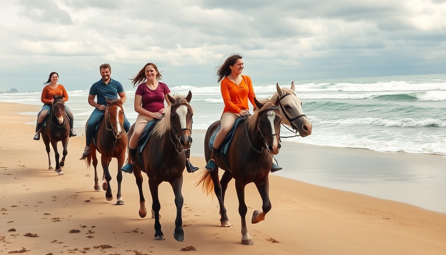 Group horseback riding on Cabo beach.