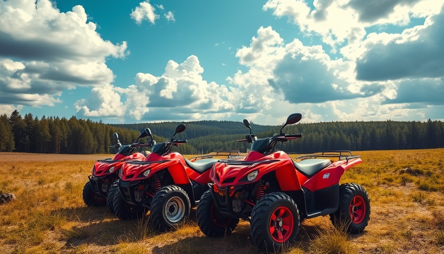 ATV tour in Cabo through sunny field with vibrant red ATVs.