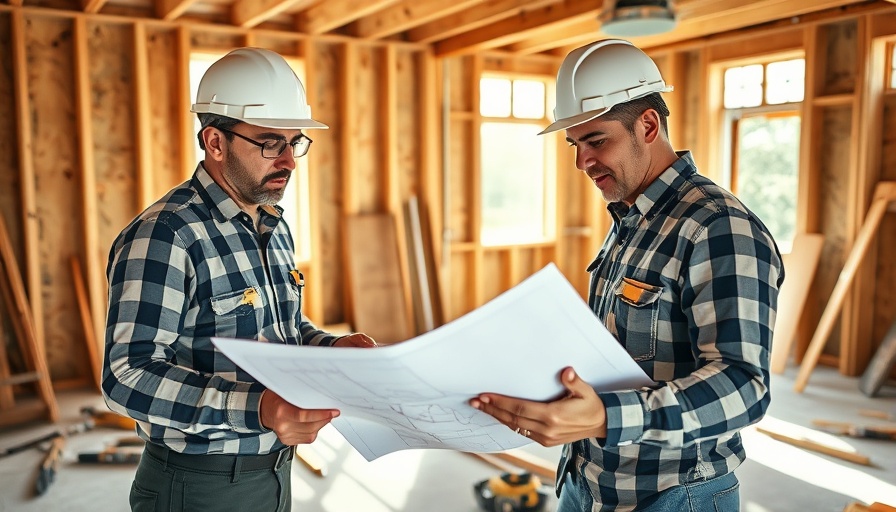 Two construction workers reviewing blueprints in a wooden room, discussing Voice AI for Roofers.