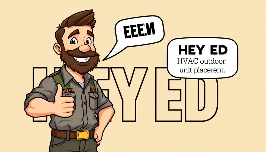 HVAC outdoor unit placement advice cartoon with speech bubble.