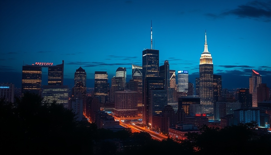 Vibrant city skyline at night highlighting skyscraper lights