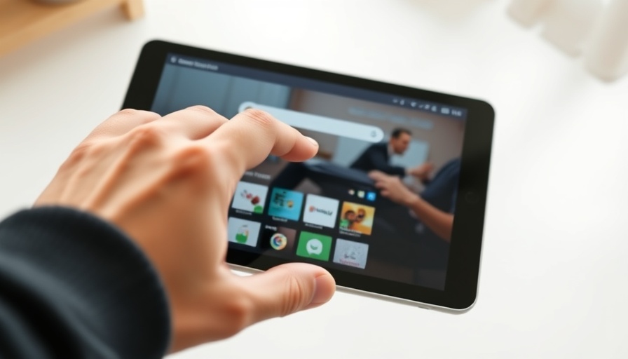 Finger interacting with touchscreen showing search engine on tablet.