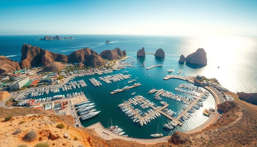 Aerial view of Cabo San Lucas coastline, highlighting marina and ocean.
