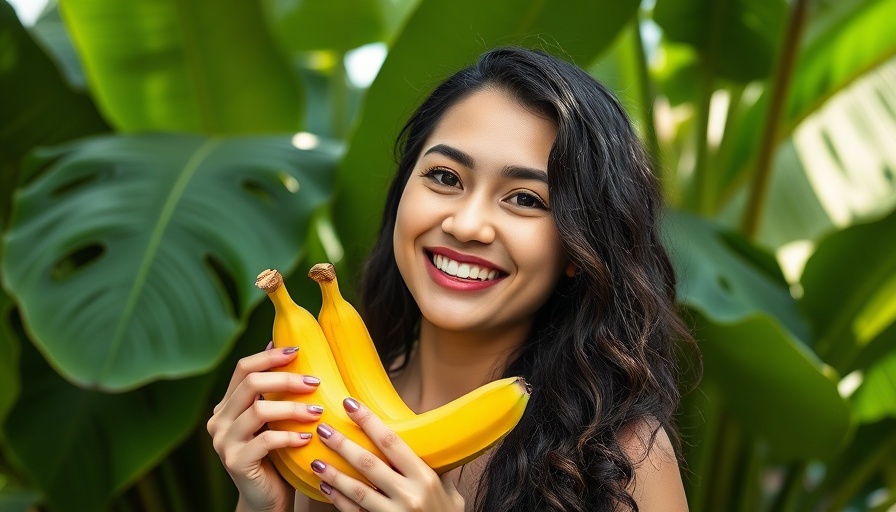 Smiling woman enjoying nature with a banana, related to how to build a skincare routine.