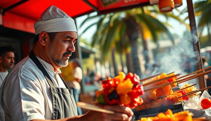 Los Cabos street vendor grilling colorful skewers outdoors.