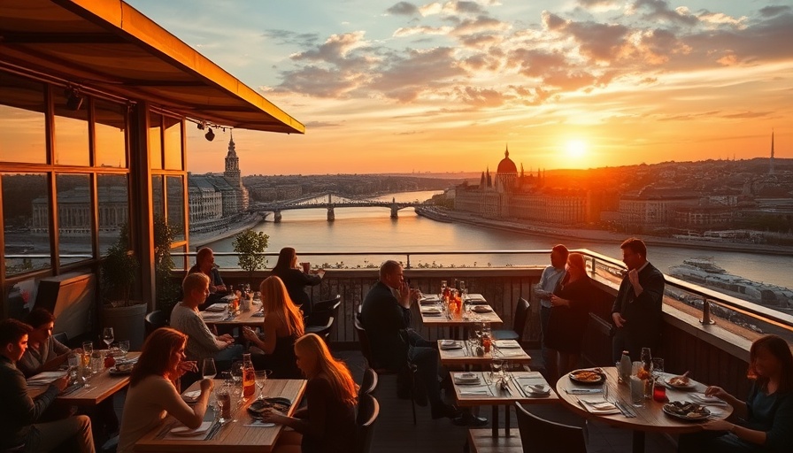 Rooftop dining at sunset with a view of Budapest landmarks and diners.