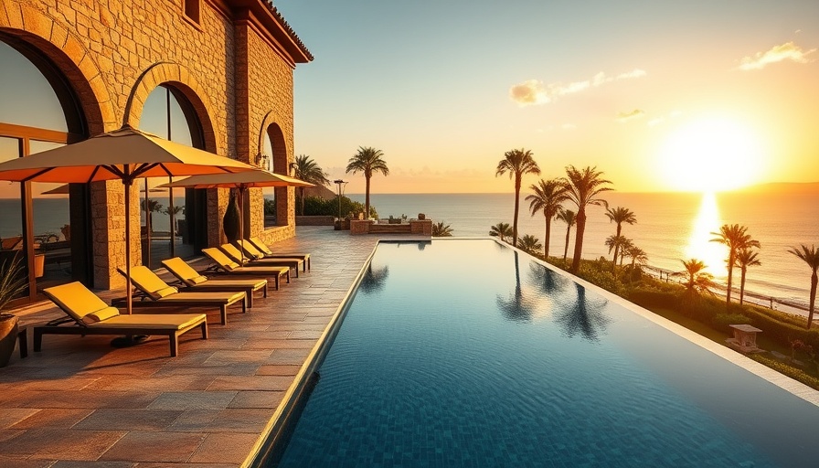 Luxury poolside terrace at Montage Residences Los Cabos at sunset