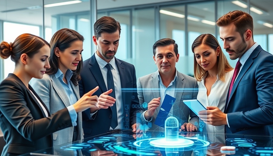 Business team with digital interface discussing AI strategy in modern office.