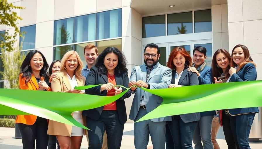 Group gathers for ribbon cutting at solar energy system event.