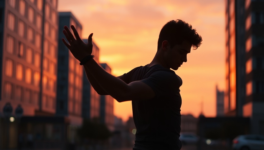 Silhouetted man doing mobility exercises at sunset