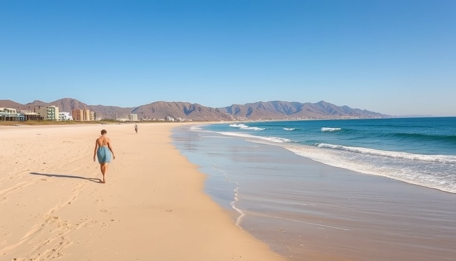 Los Cabos beach open after hurricane, couple strolling under clear skies.