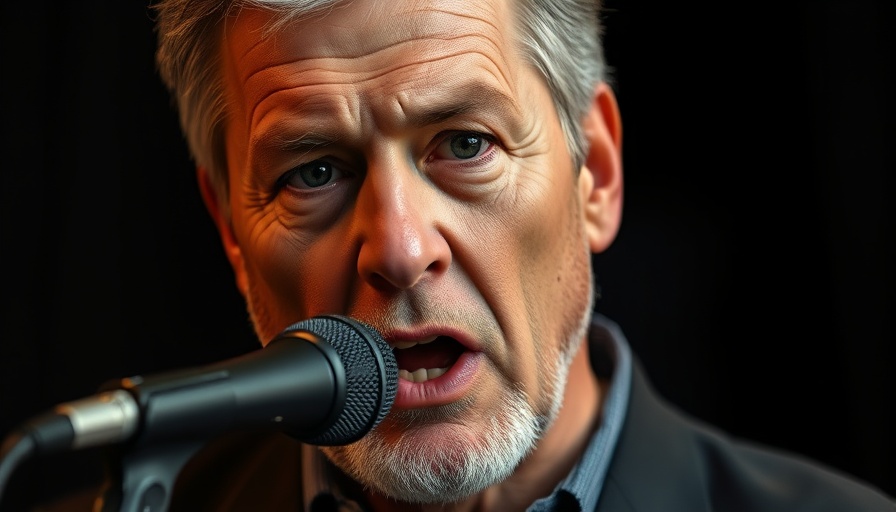 Intense speaker discussing tragedy in a dark studio.