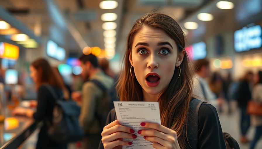 Avoiding airport price gouging: shocked woman at airport bar.