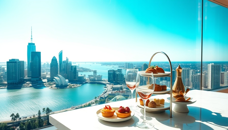 Melbourne skyline with elegant afternoon tea setup at Ritz-Carlton.