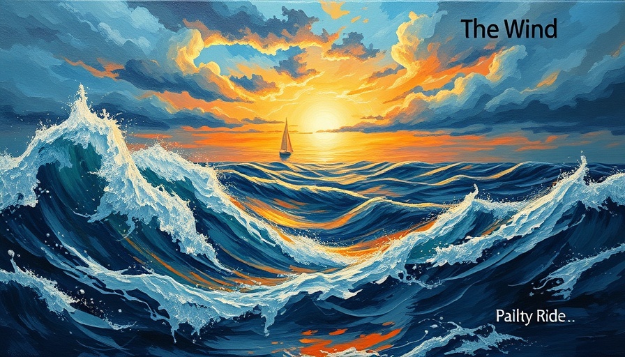 Impressionistic seascape painting with seascape and sunset sky.