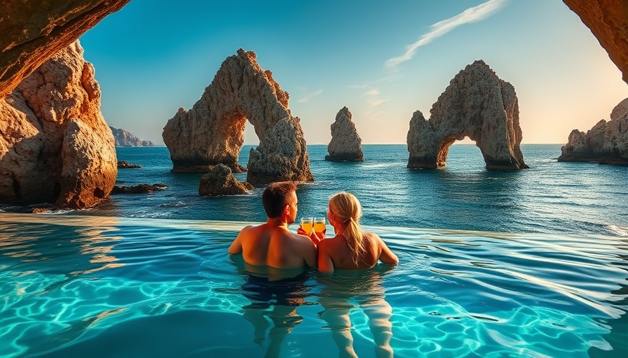 Cabo travel guide: Scenic Arch view and couple by the pool.
