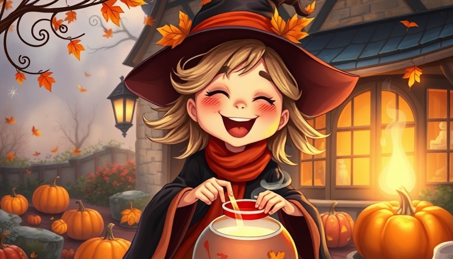 Cover of cozy fantasy novel Uncharmed by Lucy Jane Wood, featuring a witch brewing a potion outside a cottage in an enchanting autumn scene.