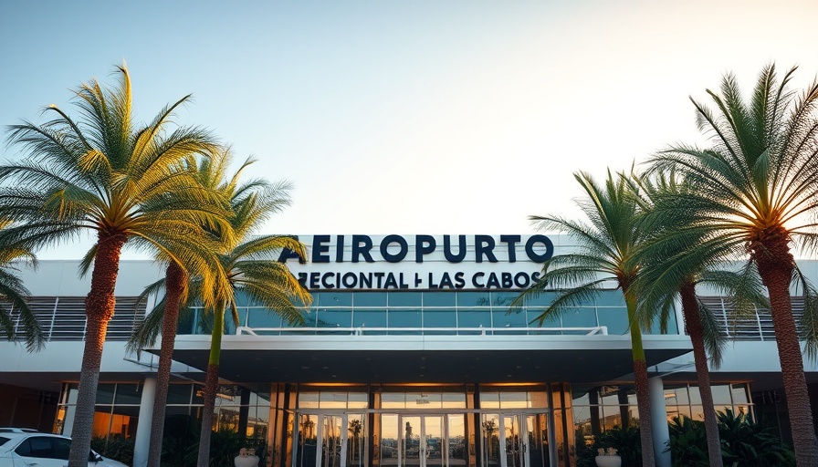 Los Cabos Airport facade under afternoon sun, highlighting travel.