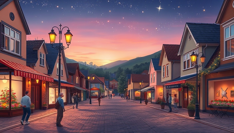 Charming illustration of a town square at twilight, depicting historical fiction.