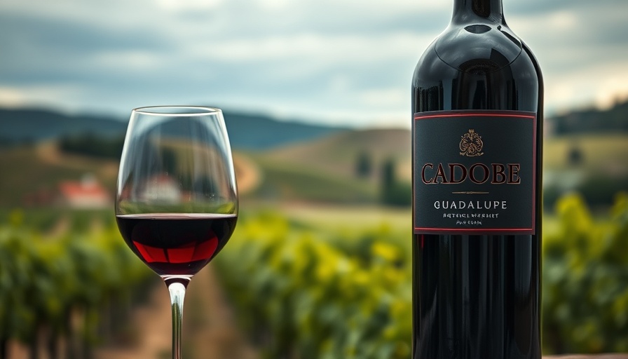 Adobe Guadalupe wine bottle and glass in vineyard.