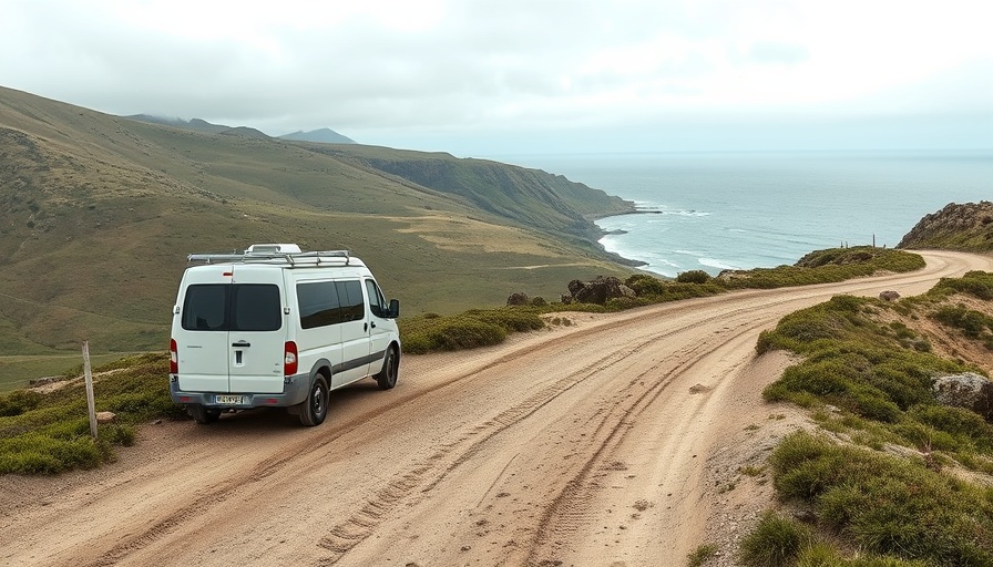 Scenic view of Los Cabos road trip with a lone van by the coast.