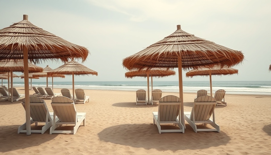 Beach view with straw umbrellas and chairs near Cabo airport transportation