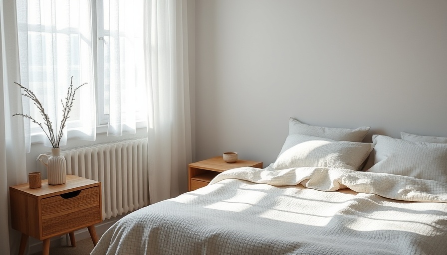 Serene Scandinavian bedroom design with cozy bedding and wooden nightstand.