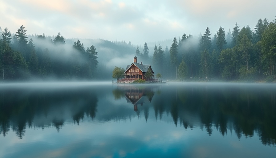 Serene misty lakeside scene with a house in the background, evoking calm.