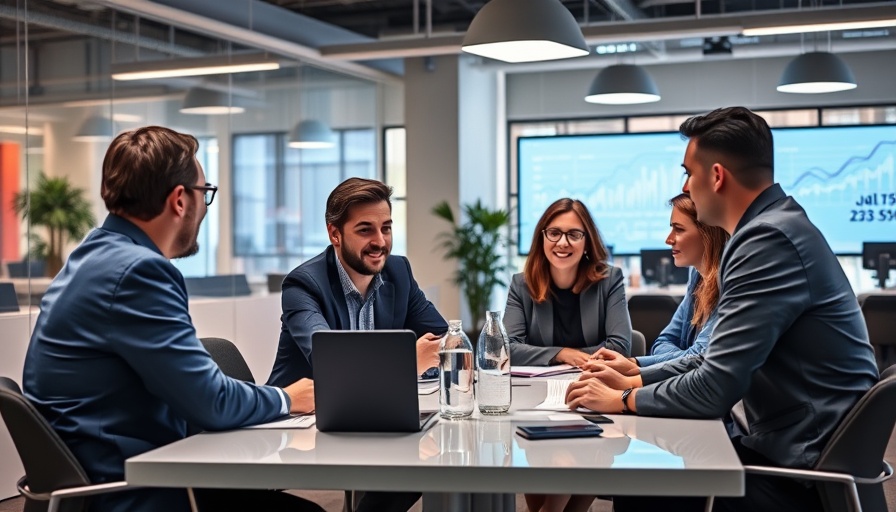 Digital Marketing AI Consultancy team discussing analytics in a modern office.