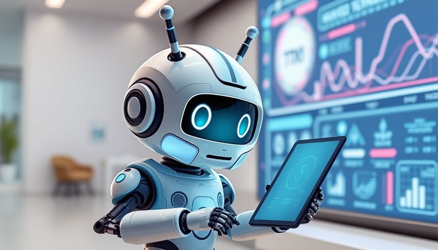Futuristic robot interacts with digital display, 3D cartoon style.