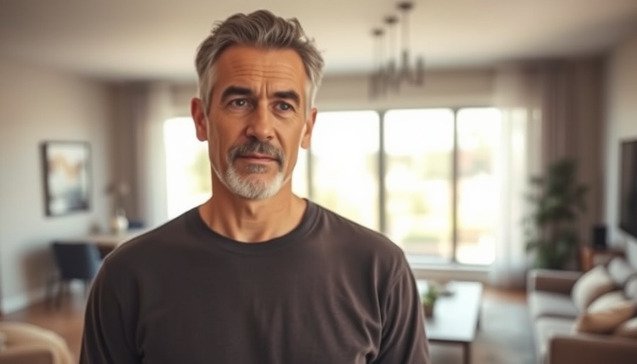 Mature man reflecting in a well-lit modern living room.