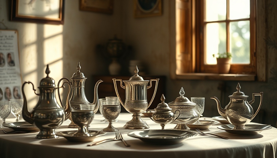 Vintage silver tableware on display in antique setting.