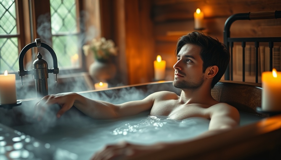 Relaxed man in a wooden bathtub with warm candlelight, medieval setting.