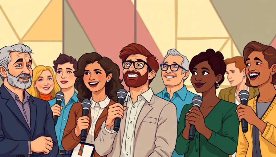 Vibrant cartoon of diverse professionals engaging at a colorful conference.