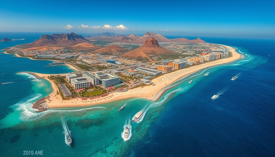 Aerial view of Los Cabos coast with bustling beach and boats.