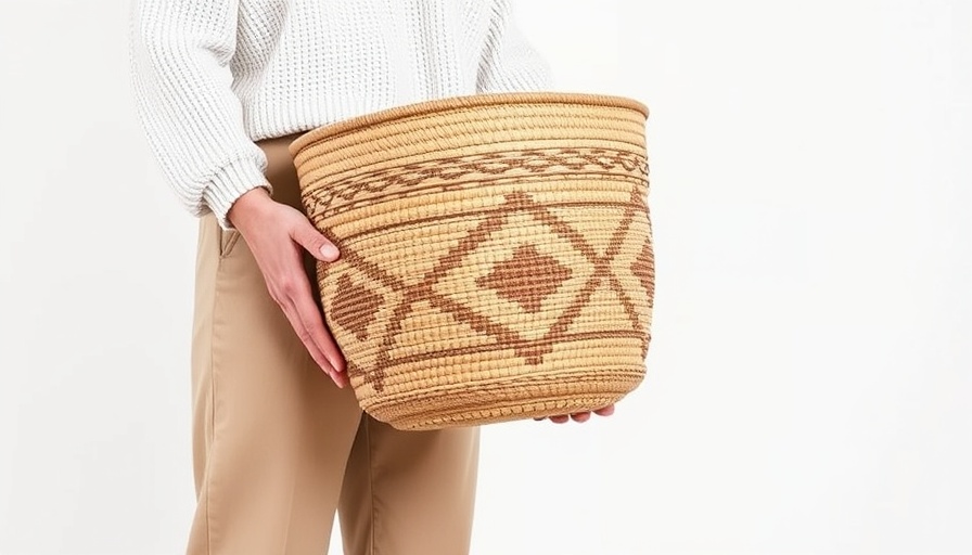 Tall woven basket with geometric patterns, perfect for exclusive discounts on home decor.