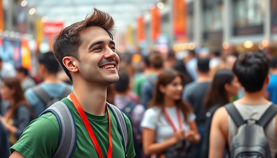 Volunteer at TechCrunch Disrupt 2025 in a green shirt at a bustling conference.