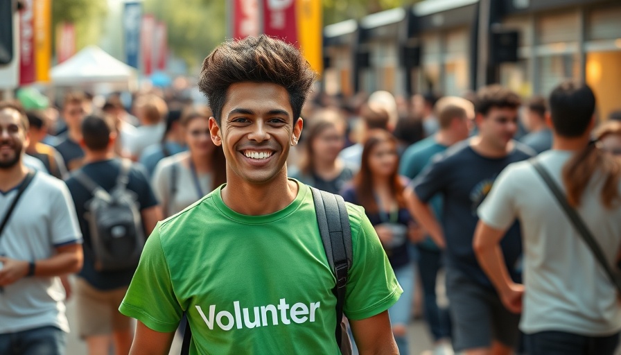 Volunteer at TechCrunch Disrupt 2025 amidst lively crowd.