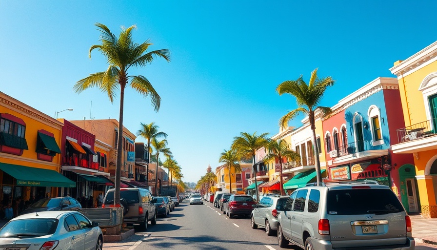 Los Cabos vibrant street scene with vehicles and palm trees.