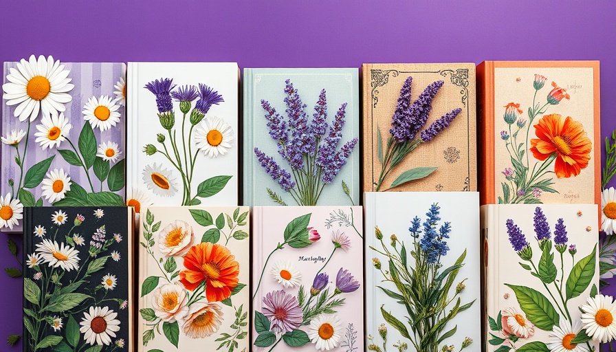 Collage of books with floral covers on a purple background.