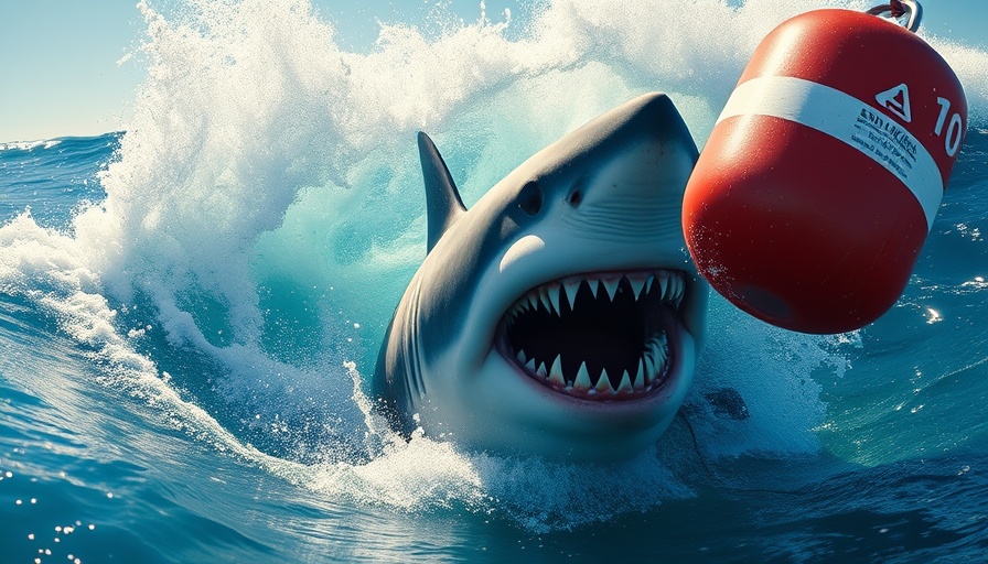 Great white shark attacking buoy in ocean with dynamic waves.