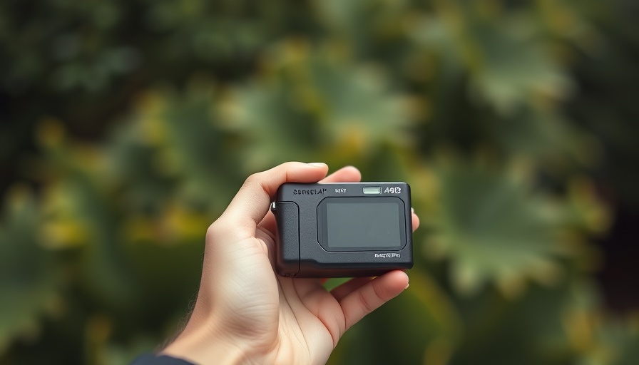 Advanced Gan Pro G1 rangefinder held outdoors with a blurred green background.