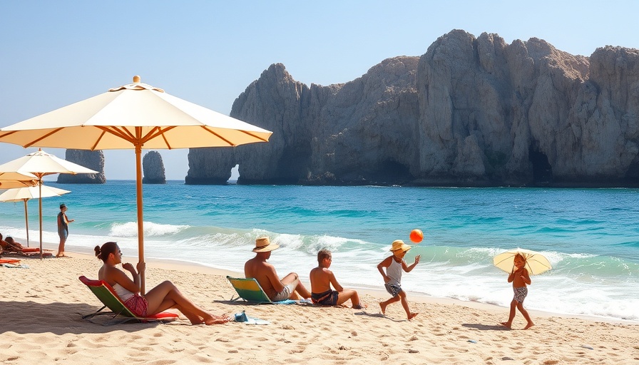 Cabo beach scene with families relaxing and enjoying the sun.