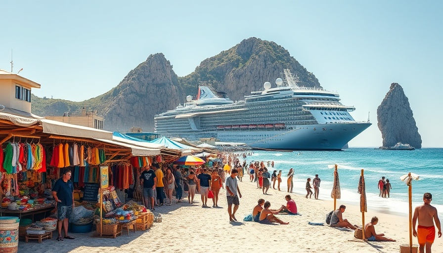 Vibrant Cabo beach scene in October with vendors and cruise ship.