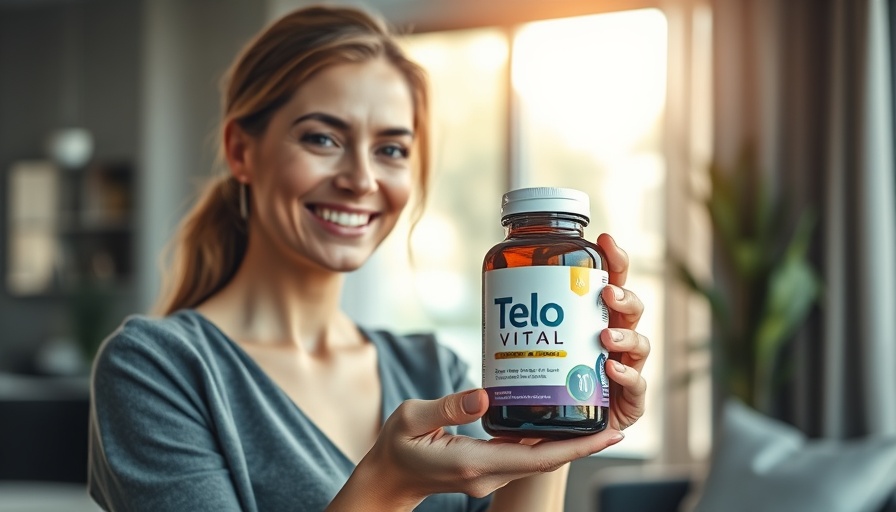 Smiling woman holding Telo-Vital for telomere health.