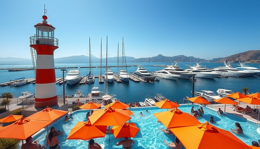 Marina view from Hidden Gem Hotel Cabo San Lucas with pool and lighthouse.
