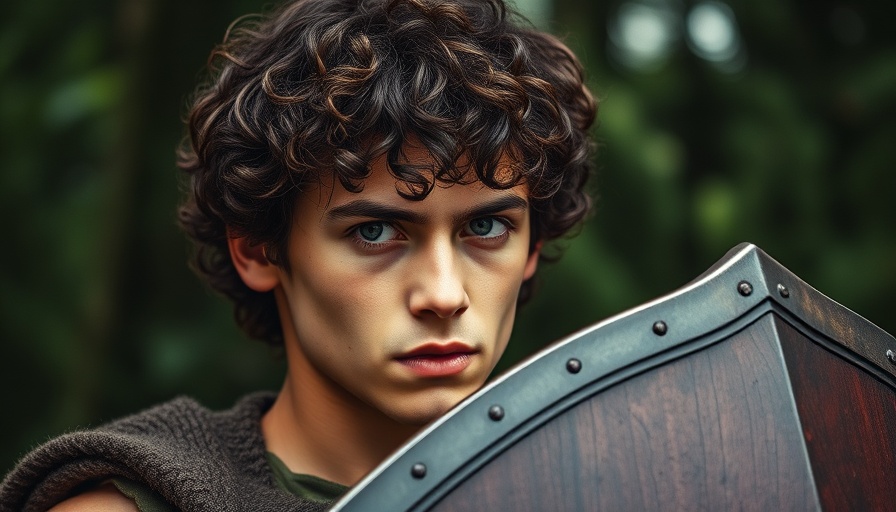 Young man in forest setting, determined, holding a shield.