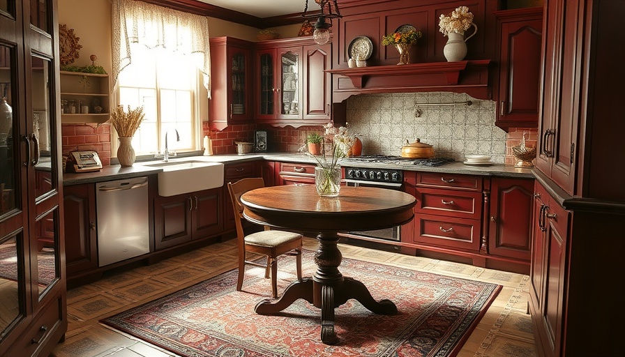 Elegant Victorian kitchen design with maroon cabinetry and natural light.
